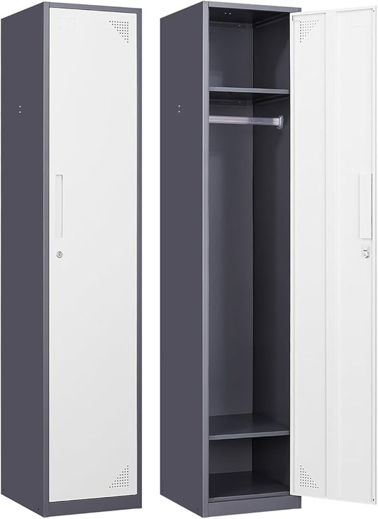Metal Locker for Home, Dressing Room, 71" Steel Storage Lockers for Employees, Lockable Locker Cabinet with 1 Door (Grey White)