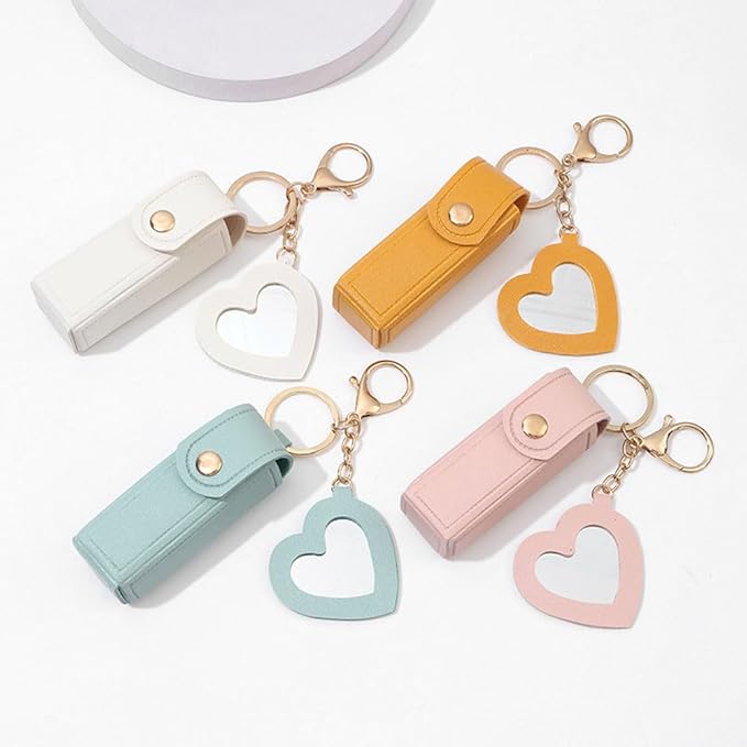 4 PACK PU Leather Potable Chapstick Holder Key Chain Bulk with Mirror, Lipstick Keychain, Lip Balm Organizer Holder Lipstick Travel Makeup Storage Case for Women Girls (Style 2)