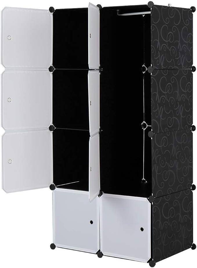 8 Cube Organizer Stackable Plastic Cube Storage Shelves Design Multifunctional Modular Closet Cabinet with Hanging Rod White Doors and Black Panels