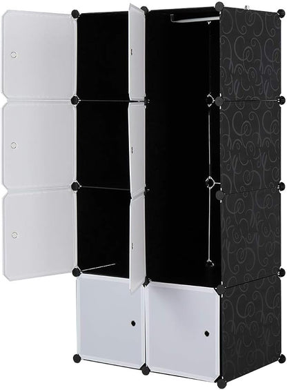 8 Cube Organizer Stackable Plastic Cube Storage Shelves Design Multifunctional Modular Closet Cabinet with Hanging Rod White Doors and Black Panels