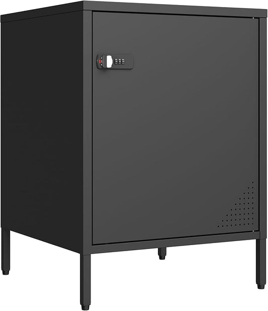 Metal Nightstand Single Door Locker Metal End Table Lockable Bedside Storage Cabinet for Living Room, Bedroom, Dorm, 21.26”H X 15.75”W X 15.75”D (1 Door, Black)