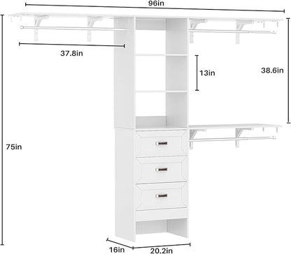 8FT Closet System with 3 Curved Drawers, 96'' Wooden Walk-in Closet Organizer with 3 Top Shelves, Adjustable Organizer System with 3 Hanging Rods, Built-in Wardrobe Storage Rack for 4-8 ft, White