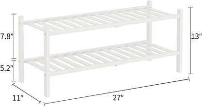 RONGJlA 2 Tier Bamboo Shoe Rack for Closet Free Standing Wood Shoe Shelf Storage Organizer for Entryway Small Space Stackable, White