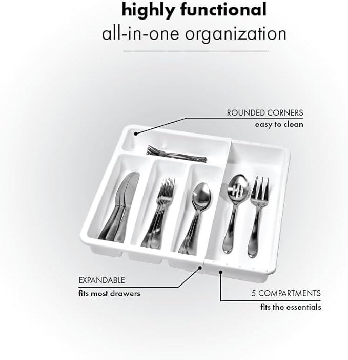 madesmart Expanding Silverware Tray, 5 Compartment Flatware Organizer for Forks, Knives & Spoons, Durable Drawer Organizer, White