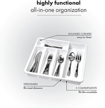 madesmart Expanding Silverware Tray, 5 Compartment Flatware Organizer for Forks, Knives & Spoons, Durable Drawer Organizer, White