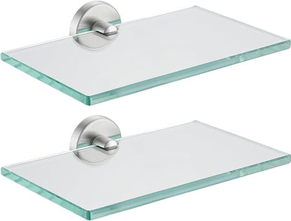 JQK Bathroom Glass Shelf, Tempered Glass Shower Storage 8 by 5 inches, 304 Stainless Steel Brushed Finish Wall Mount 2 Pack, TGS101L8-BN-P2