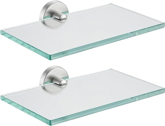 JQK Bathroom Glass Shelf, Tempered Glass Shower Storage 8 by 5 inches, 304 Stainless Steel Brushed Finish Wall Mount 2 Pack, TGS101L8-BN-P2