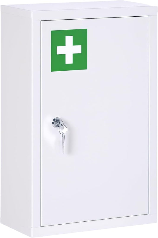 kleankin 12" x 18" Wall Medicine Cabinet with Lock, 3 Tier Steel Locking Wall Cabinet for Bathroom, Kitchen with 2 Keys, White