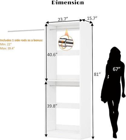 Closet System, 2FT Wood Closet Organizer System Small Walk-in Closet Freestanding Corner Closets Shelf Storage with 3 Hanging Rods, Modular Closet Systems White (2FT)