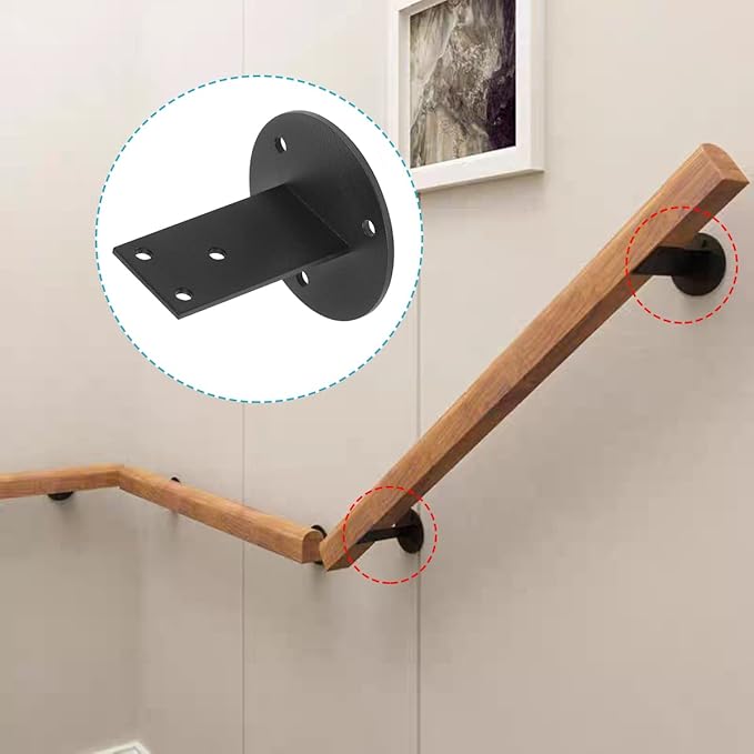 8 Pack Black Stair Handrail Bracket for Square Wood Railing, Wall Mount Flat Support, Stainless Steel, 2" Projection