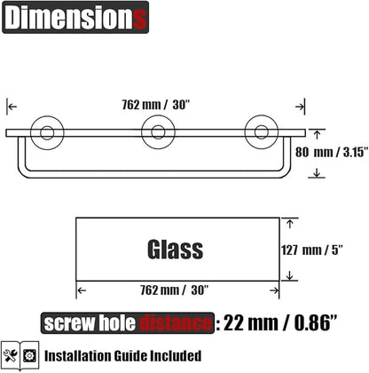 JQK Bathroom Glass Shelf, Shelf with 29 Inch Towel Bar Tempered Glass Shower Storage 30 by 5 inches, 304 Stainless Steel Brushed Gold Wall Mount, TGS100L30-BG
