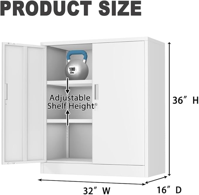 CJF Metal Storage Cabinet, 36" H Locking Storage Cabinet with Shelves and Doors for Home Office, Garage, Utility Room, Entryway(White)