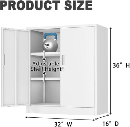 CJF Metal Storage Cabinet, 36" H Locking Storage Cabinet with Shelves and Doors for Home Office, Garage, Utility Room, Entryway(White)