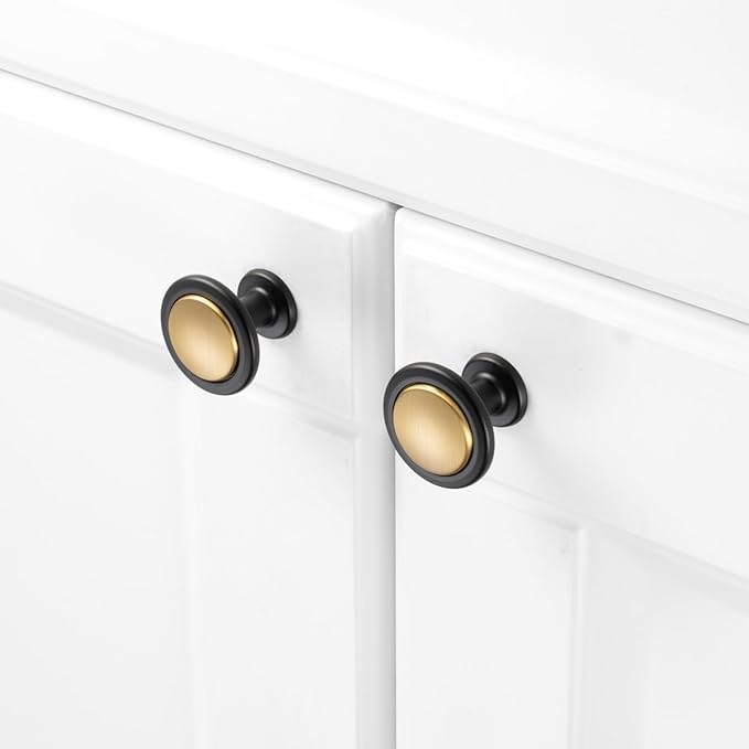 KOOFIZO 10 Pack Gold and Black Kitchen Cabinet Knobs Brushed Gold and Black Drawer Knobs 1960 Round Single Hole Cabinet Pulls for Cabinets Drawers Dresser Cupboard Bedroom Bathroom