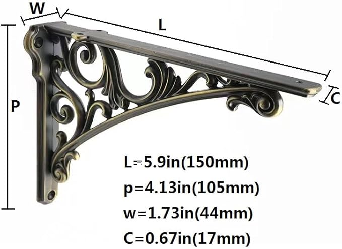 Decorative Shelf Bracket 6 inch, Brushed Antique Brass Brackets for Shelving, Heavy Duty Vintage, DIY Projects, Hardware Included, 4 Pack, 5.9x4.17x1.73 inch，Baroque Style
