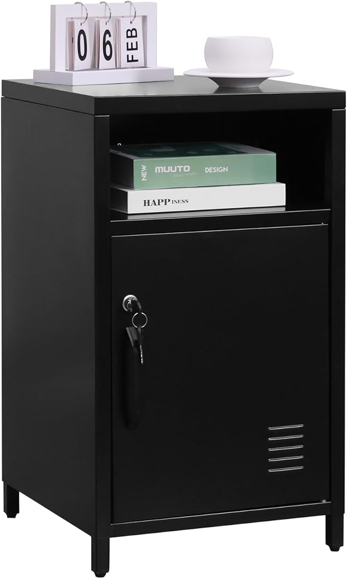 ALBAD Compact Metal Nightstand with Lockable Cabinet and Open Shelf, Modern Bedside Table, Versatile Side Table for Bedroom, Living Room, or Office (Black, 26" H-Lockable Door)