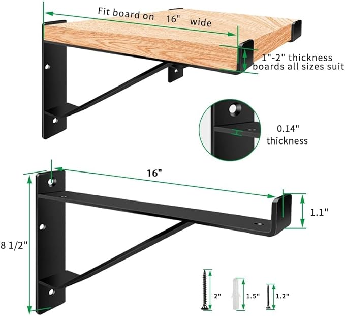 Heavy Duty Shelf Brackets 16 inch, Industrial Wall Brackets with Lip Metal Storage Brackets Outdoor/Indoor Include Screws 2 Pack Black