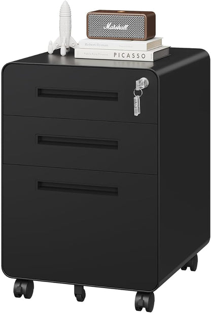 3 Drawer File Cabinet with Lock, Metal Under Desk Rolling Filing Cabinet fits Letter/Legal/A4 Size for Home Office,(Fully Assembled, Black)