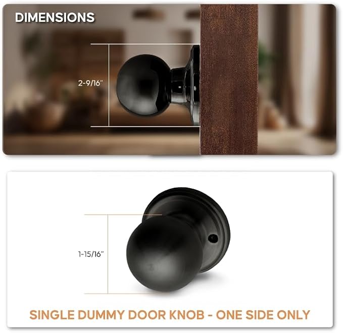 Copper Creek Dummy Interior Door Knob – ANSI Grade-3 Certified, Modern Heavy Duty Handle, Easy Install and Reversible for French Doors & Closets, Non Turning – Matte Black (1 Pack)