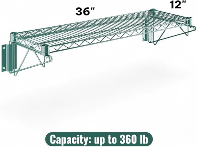 12" x 36" Green Wall-Mounted Wire Shelf with Epoxy Coating, Heavy-Duty Steel Storage Rack, NSF Certified, Easy Installation, Open Wire Design for Kitchen, Garage, or Utility Storage