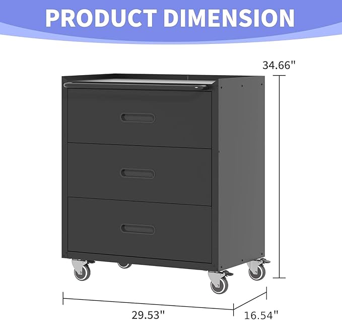 Metal Garage Storage Cabinet with Wheels, Rolling Tool Cabinet with 3 Drawers, Heavy Duty Mobile Steel Cabinet for Garage Warehouse Workshop