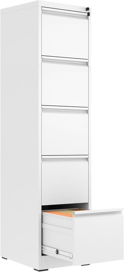 5 Drawer File Cabinet with Lock,Metal Vertical Filing Cabinets for Home Office,Heavy Duty File Storage Cabinet for Letter/Legal/A4/F4 Size File,Assembly Require (White, Vertical 5 Drawer)