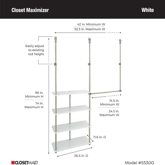 ClosetMaid® Maximizer™ Closet Accessory, Add Adjustable Storage Space, 4 Shelves, Double Hang Rod, Tool Free, Add On Unit, White