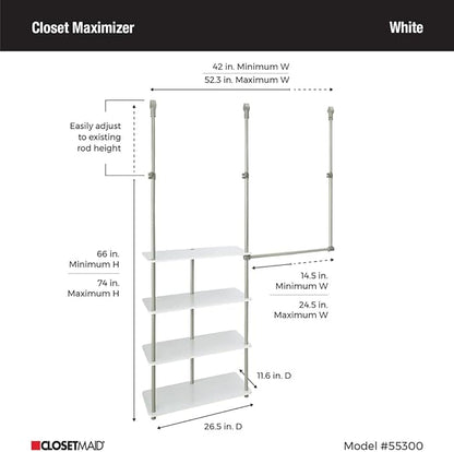 ClosetMaid® Maximizer™ Closet Accessory, Add Adjustable Storage Space, 4 Shelves, Double Hang Rod, Tool Free, Add On Unit, White