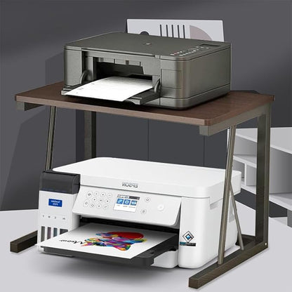 Printer Stand for Desk with Storage, Desktop Printer Stand Shelf Organizer, Fixed 2-Tier Heavy Duty Wood & Metal Desk Printer Stand, Small Printer Table for Home Office Kitchen, 100 lb Capacity