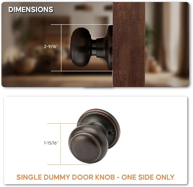 Copper Creek Colonial Dummy Interior Door Knob – ANSI Grade-3 Certified, Modern Heavy Duty Handle, Easy Install and Reversible for French Doors and Closets, Non Turning – Tuscan Bronze (1 Pack)