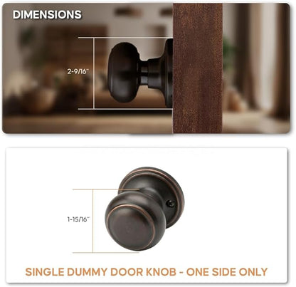 Copper Creek Colonial Dummy Interior Door Knob – ANSI Grade-3 Certified, Modern Heavy Duty Handle, Easy Install and Reversible for French Doors and Closets, Non Turning – Tuscan Bronze (1 Pack)