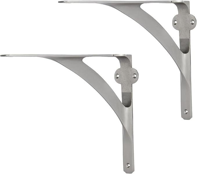 Set of 2 Shelf Brackets for 8", 10", 12" Shelves - Brushed Nickel Finish - 9.88" X 7.38" Heavy Duty Brass L Brackets for Wall Shelves Hardware Included
