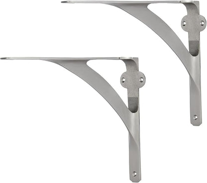 Set of 2 Shelf Brackets for 8", 10", 12" Shelves - Brushed Nickel Finish - 9.88" X 7.38" Heavy Duty Brass L Brackets for Wall Shelves Hardware Included