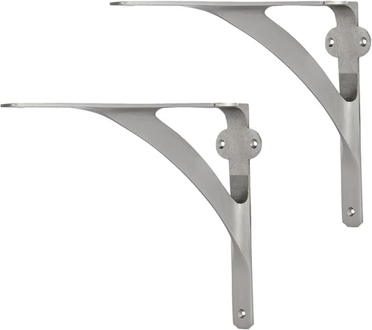 Set of 2 Shelf Brackets for 8", 10", 12" Shelves - Brushed Nickel Finish - 9.88" X 7.38" Heavy Duty Brass L Brackets for Wall Shelves Hardware Included