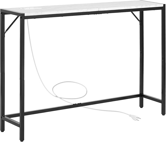 VEVOR Marble Console Table, Modern Narrow Long Console Table with Power Outlet, Thin Sofa Side Table with Iron Tubes, Anti-Tip Device and Triangular Support for Living Room, Hallway, Entryway, Foyer