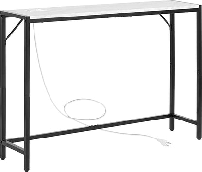 VEVOR Marble Console Table, Modern Narrow Long Console Table with Power Outlet, Thin Sofa Side Table with Iron Tubes, Anti-Tip Device and Triangular Support for Living Room, Hallway, Entryway, Foyer