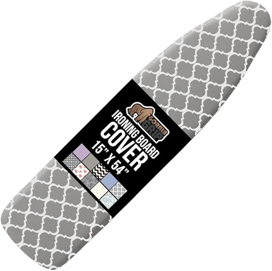 GORILLA GRIP The Original Ironing Board Cover and Pad, Silicone Coating, Thick Scorch Resistant Padding, Heavy Duty Iron Covers Standard Boards, Hook and Loop Fastener Strap, Quatrefoil Gray, 15x54