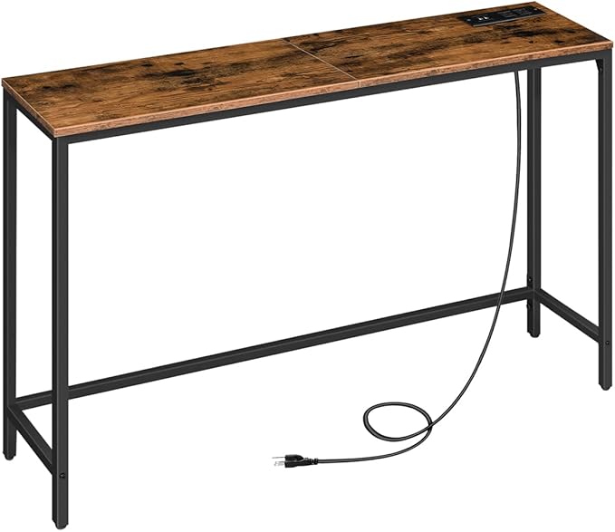 HOOBRO 47.2" Console Table with Power Outlets and USB Ports, Sofa Narrow Entryway Table with Charging Station, Behind Couch Table, Hallway, Foyer, Living Room, Bedroom, Rustic Brown BF301XG01G1