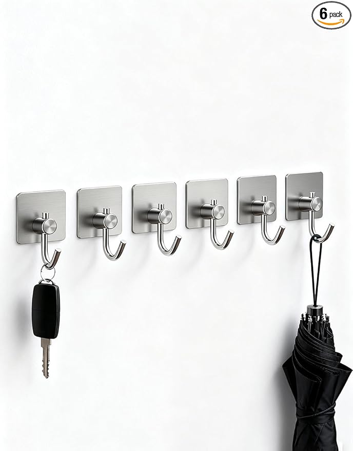 Self Adhesive Towel Hooks, Waterproof Rustproof Stainless Steel Sticky Wall Hooks, No Damage for Bathroom Kitchen Shower Robe Coat Hanging, Silver