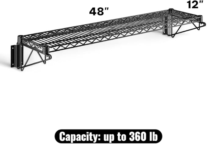12" x 48" Black Wall-Mounted Wire Shelf with Epoxy Coating, Heavy-Duty Steel Storage Rack, NSF Certified, Easy Installation, Open Wire Design for Kitchen, Garage, or Utility Storage