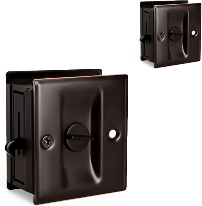 HOMOTEK 2 Pack Privacy Pocket Door Lock Hardware with Pull - Replace Old Or Damaged Sliding Door Locks Quickly and Easily, 2-3/4”x2-1/2”, for 1-3/8” Thickness Door, Oil Rubbed Bronze