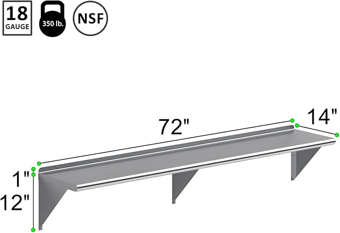 NSF Certified 18 Gauge Heavy Duty Stainless Steel Wall Shelf with Brackets for Kitchens, Utility Rooms, Storage, Offices & Home (72" x 14")