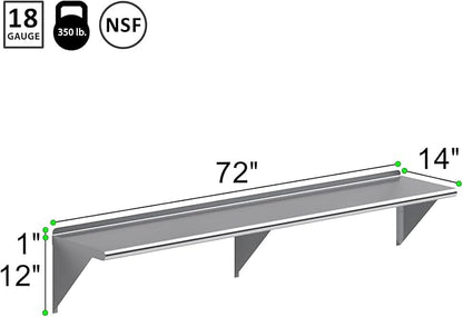 NSF Certified 18 Gauge Heavy Duty Stainless Steel Wall Shelf with Brackets for Kitchens, Utility Rooms, Storage, Offices & Home (72" x 14")