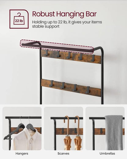 VASAGLE Coat Rack, Hall Tree with Shoe Bench for Entryway, Entryway Bench with Coat Rack, 4-in-1, with 9 Removable Hooks, a Hanging Rod, 13.3 x 28.3 x 72.1 Inches, Rustic Brown and Black UHSR40B