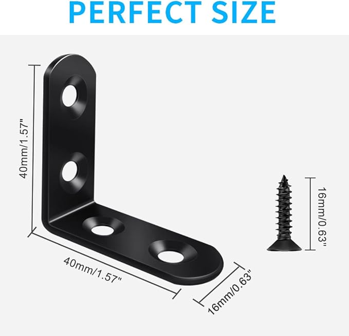 18 Black L Brackets, Stainless Steel Corner Brace for Wood & Metal, Right Angle Bracket for Furniture & Cabinet with 72 Screws (1.57 x 1.57 inch)