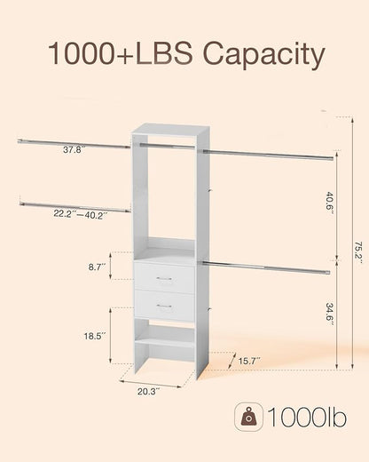Closet System with Drawer, 5-8FT Closet Organizers System with 5 Adjustable Hanging Rods and Shoe Rack, Heavy Duty Walk in Closet Organizers and Storage with Drawers, White