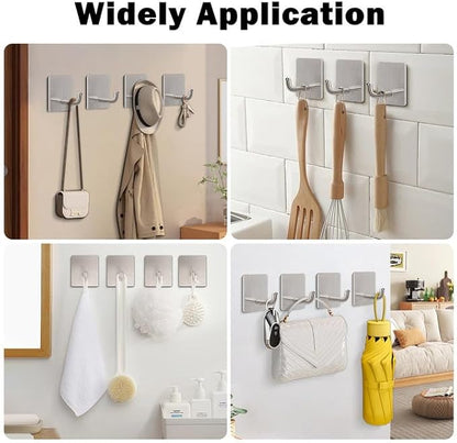 Livabber Adhesive Towel Hooks, 304 Stainless Steel Self Sticky Wall Hooks Waterproof Shower Hooks for Robe/Clothes, No Drilling Towel Hangers for Bathroom Kitchen Bedroom (Brushed Nickel, 10 Packs)