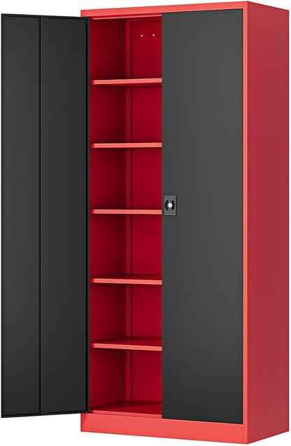 Metal Storage Cabinet-71” Tall Steel File Cabinets with Lockable Doors and Adjustable Shelves-Black&Red Steel Storage Cabinet for Home,Kitchen, School, Office, Garage