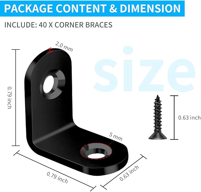 40PCS L Bracket, Metal Black Corner Brace, Stainless Steel Joint Right Angle Bracket Fastener for Wood Chair Bookshelf Furniture Cabinet with 80PCS Screws (20mmx20mm)