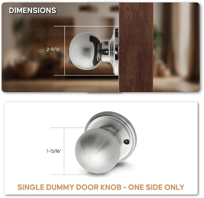 Copper Creek Dummy Interior Door Knob – ANSI Grade-3 Certified, Modern Heavy Duty Handle, Easy Install and Reversible for French Doors & Closets, Non Turning – Satin Stainless (1 Pack)